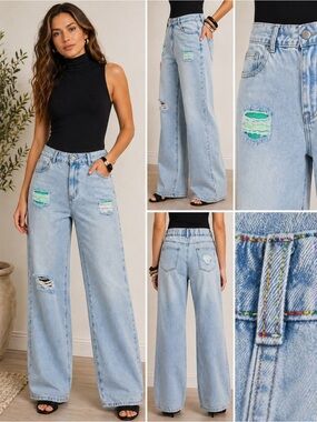 POL Light Wash Wide-Leg Jeans w/ Distressed Green Patch Detail – Size Large